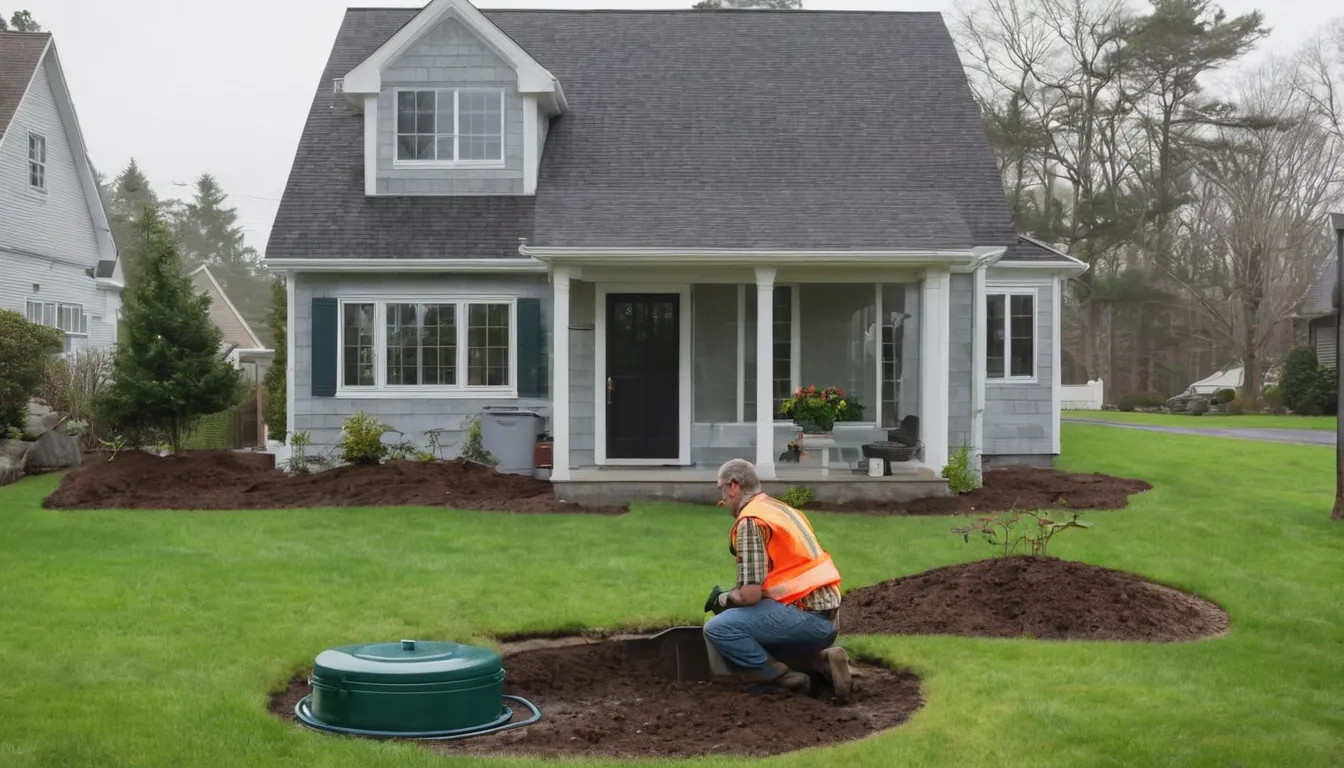 A provider inspecting an open septic tank in a residential yard in the New Haven area