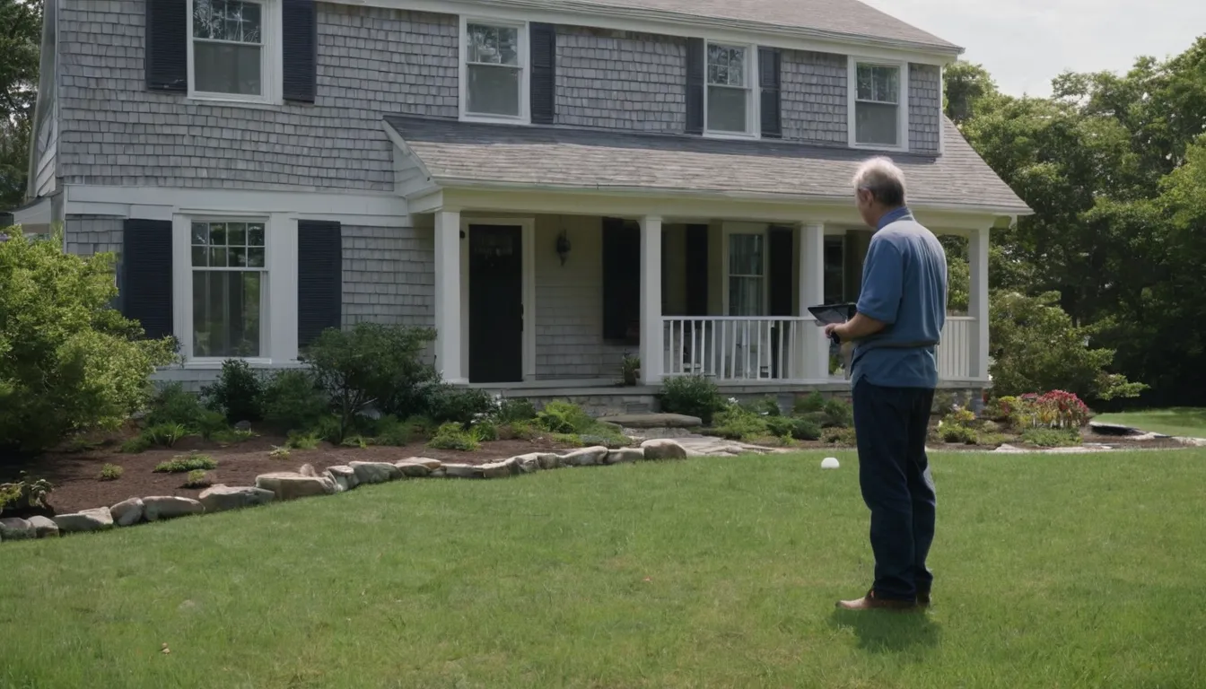 A provider reviewing a sewer line camera inspection with a homeowner in a yard in the New Haven area